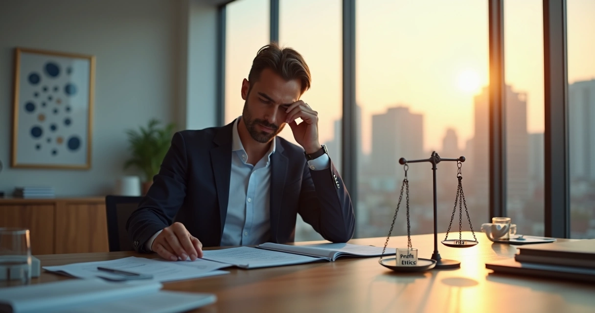 Business leader weighing ethical decision with calm and stressed sides of mind 