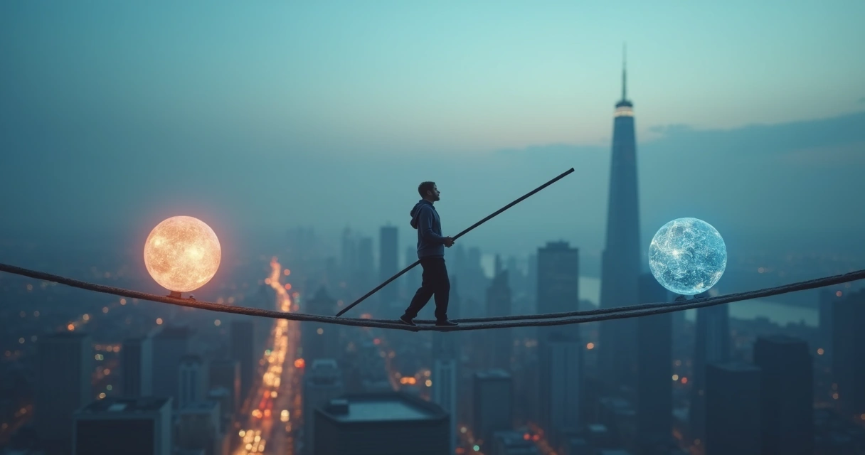 Person on tightrope over city balancing glowing spheres of empathy and clarity 