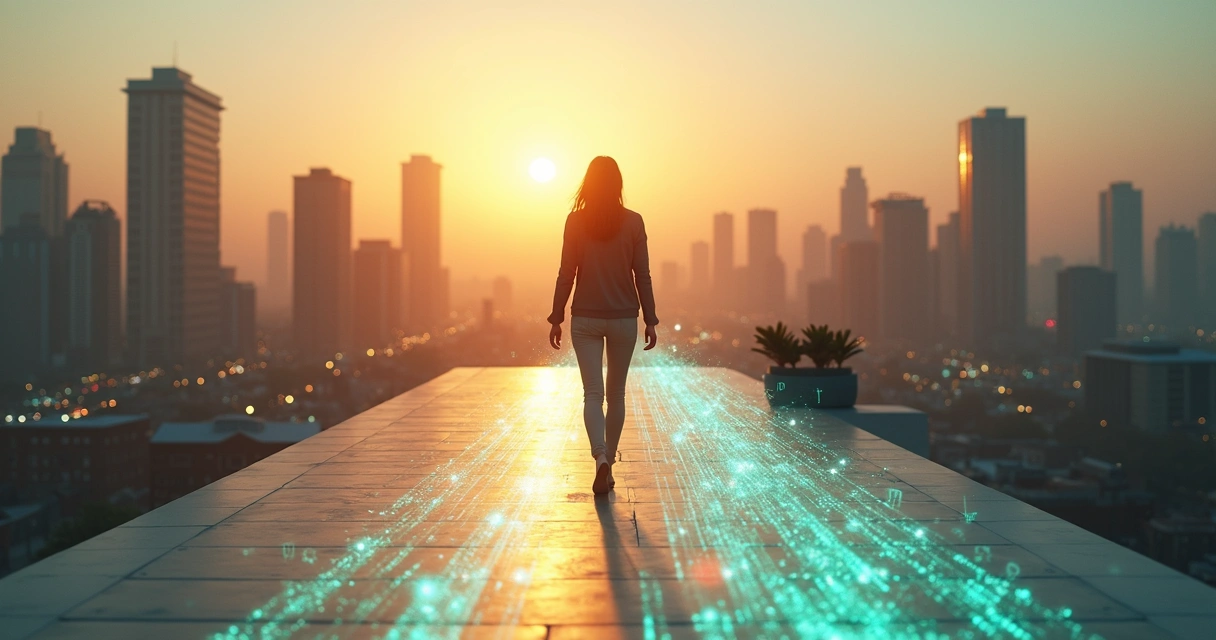 Person on city rooftop crossing a glowing bridge of colored threads between busy and calm sides 