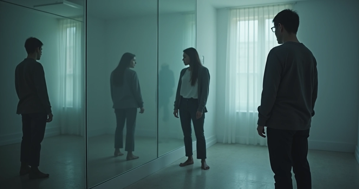 Person facing mirrored selves in a dimly lit room, reflecting inner emotional barriers 