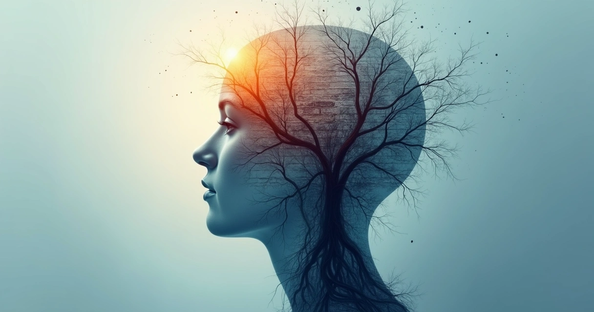 Abstract illustration of a human head silhouette with visible barriers and emotional patterns inside 