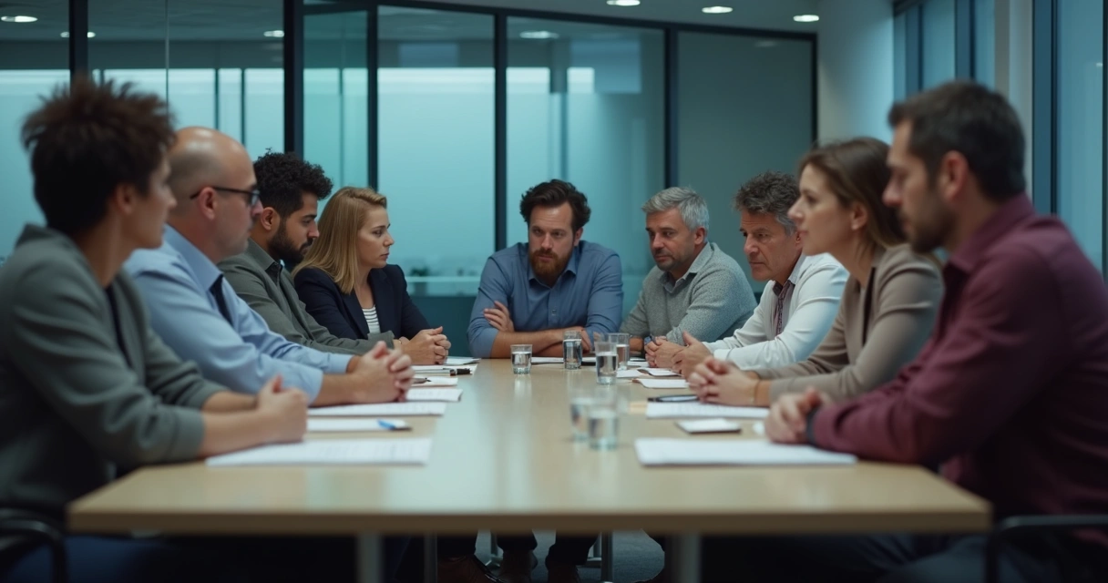 A group meeting table with people looking away from each other, emotional distance between members 