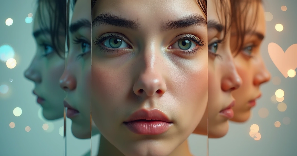 Human face fragmented into colored mirrored slices revealing multiple emotional expressions 
