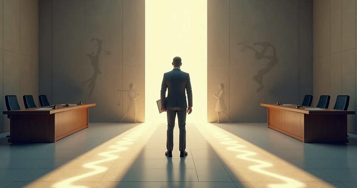 Person at crossroads with emotional shadows influencing decision 