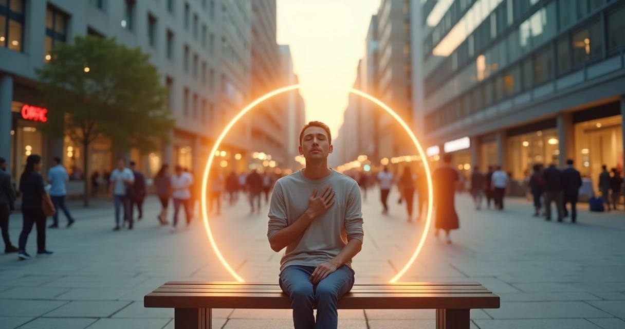 Calm person drawing a light boundary line between themselves and a chaotic cityscape 
