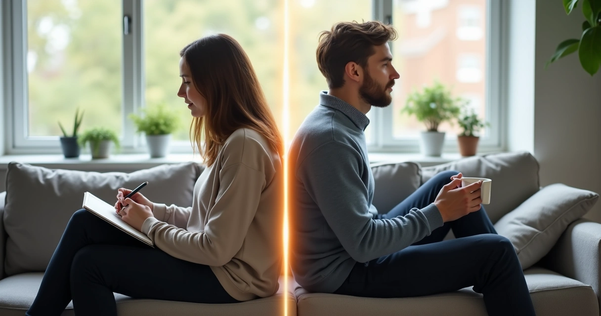 Couple sitting back to back on a sofa with a subtle glowing line between them 
