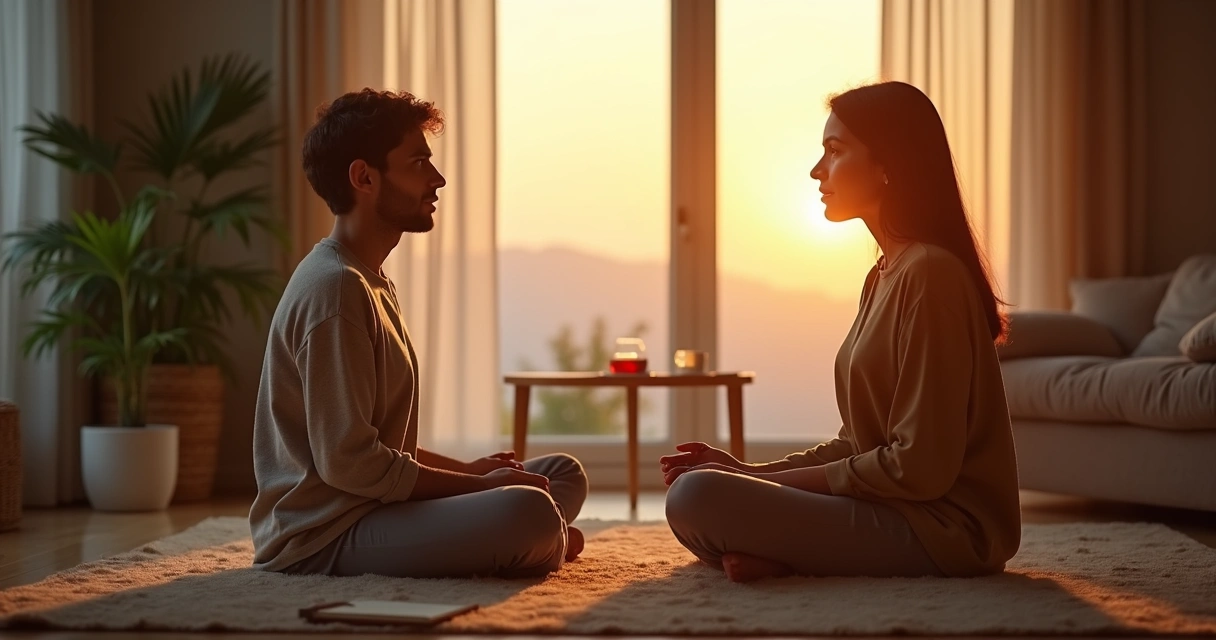 Person with soft glowing circle around them reaching out to another in calm connection 