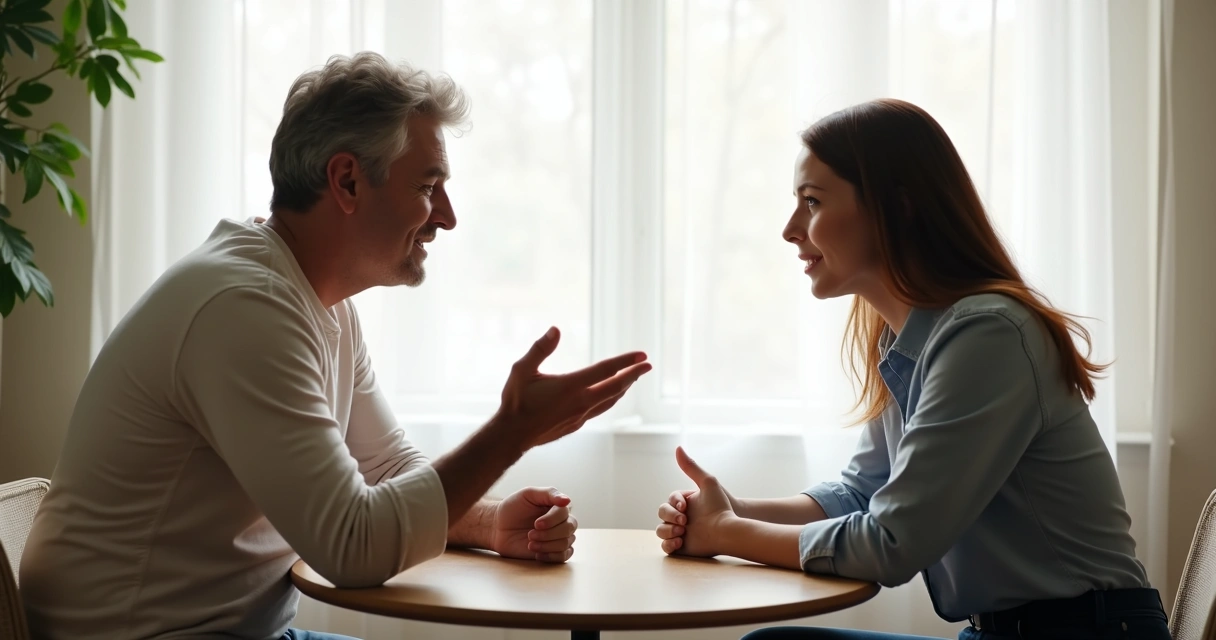 Two people having a serious conversation at a small table, faces attentive and kind, with neutral colors and soft lighting 