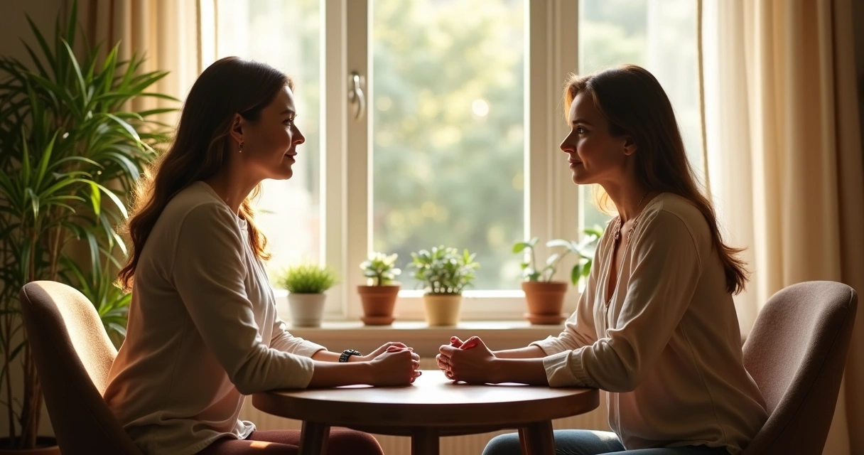 Two women having an honest, calm conversation across a table