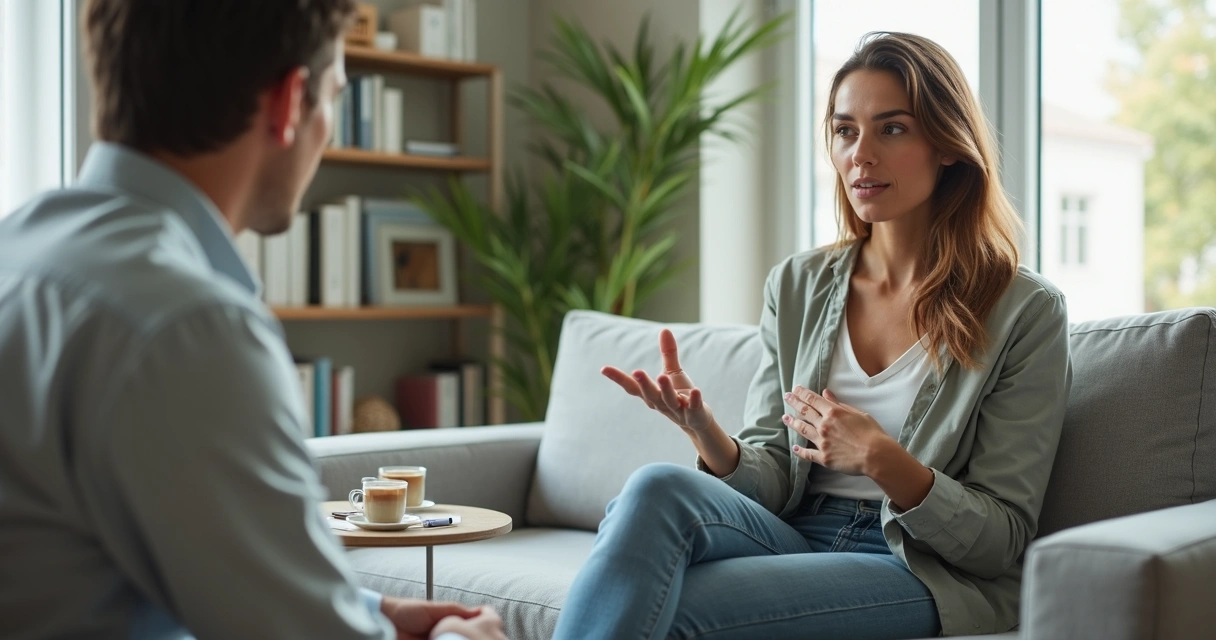 Woman calmly setting an emotional boundary during a conversation at home 