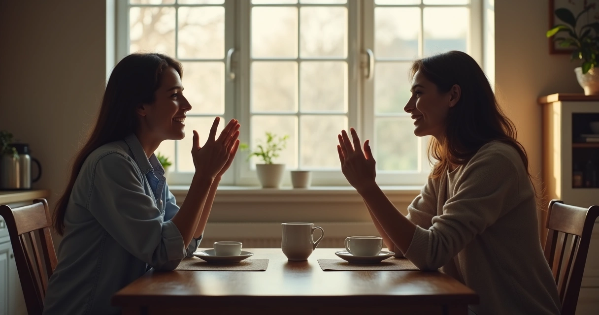 Two people talking at a kitchen table, one gently setting boundaries with hand gesture 