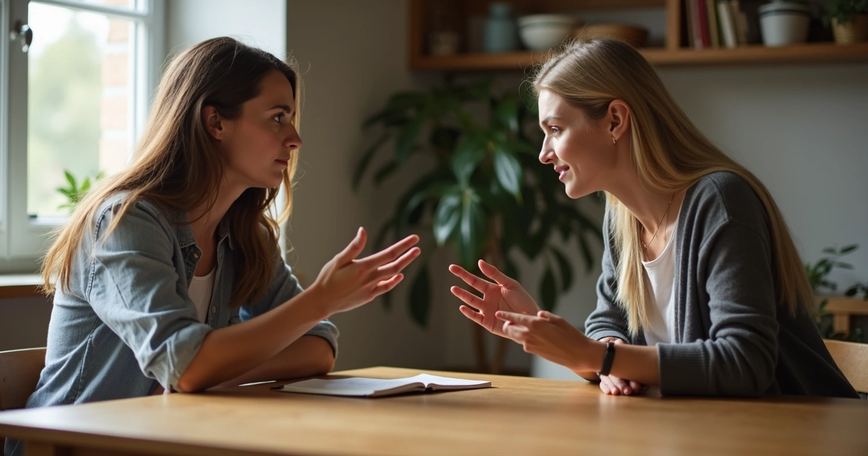 Two people talking at a table, one expressing discomfort, while the other listens with empathy.