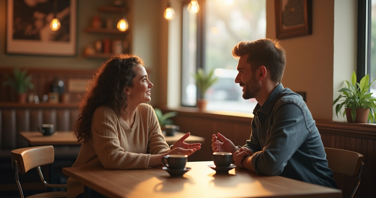 Two friends talking sincerely in a café, one expressing feelings, the other listening carefully.