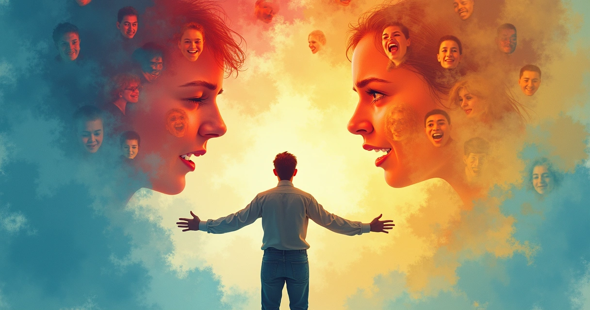 Person drawing a boundary line with hands, multiple faces around reflecting emotions 