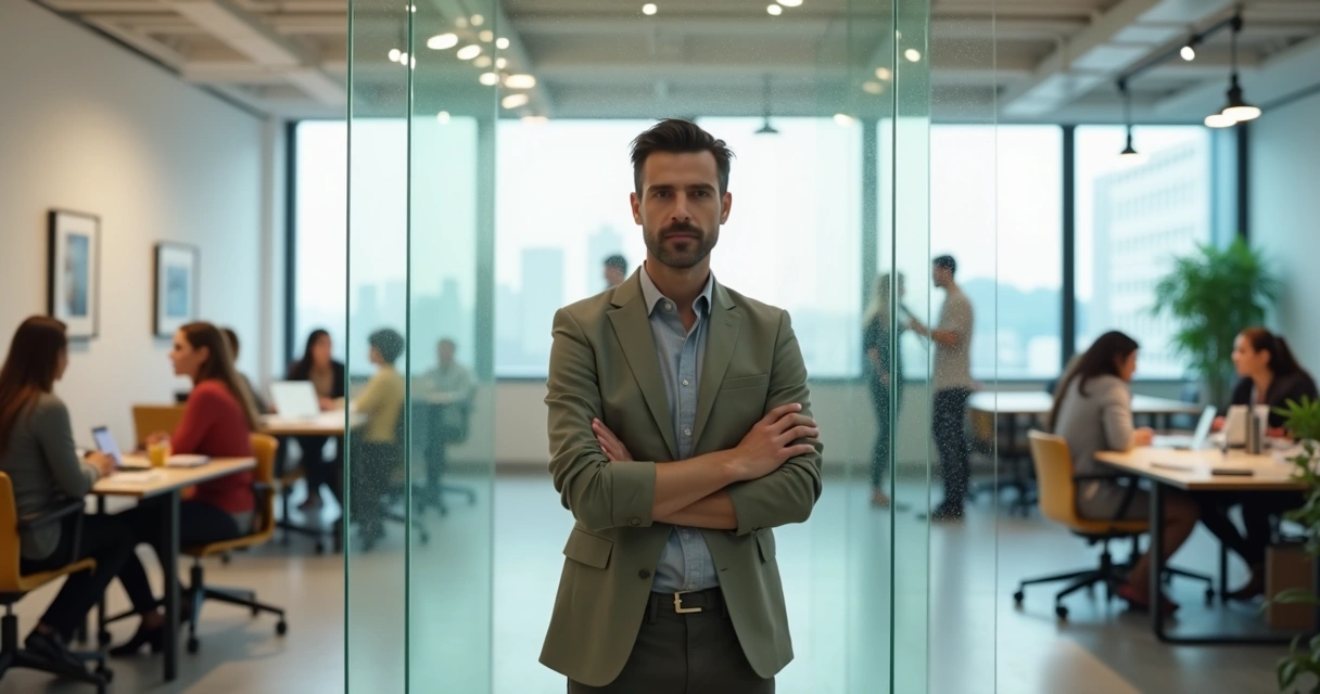 Person behind a glass wall with two overlapping groups on each side 
