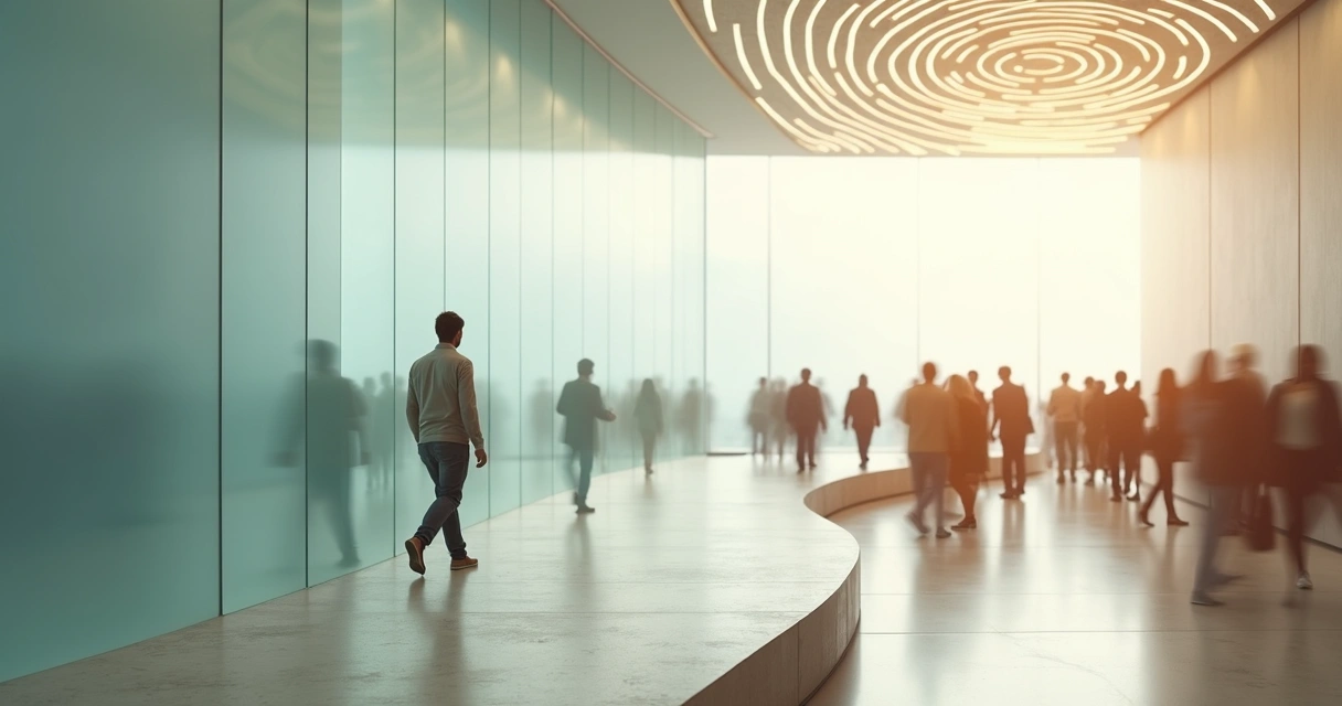 Person walking confidently along path separated from chaotic crowd by curved glass wall 