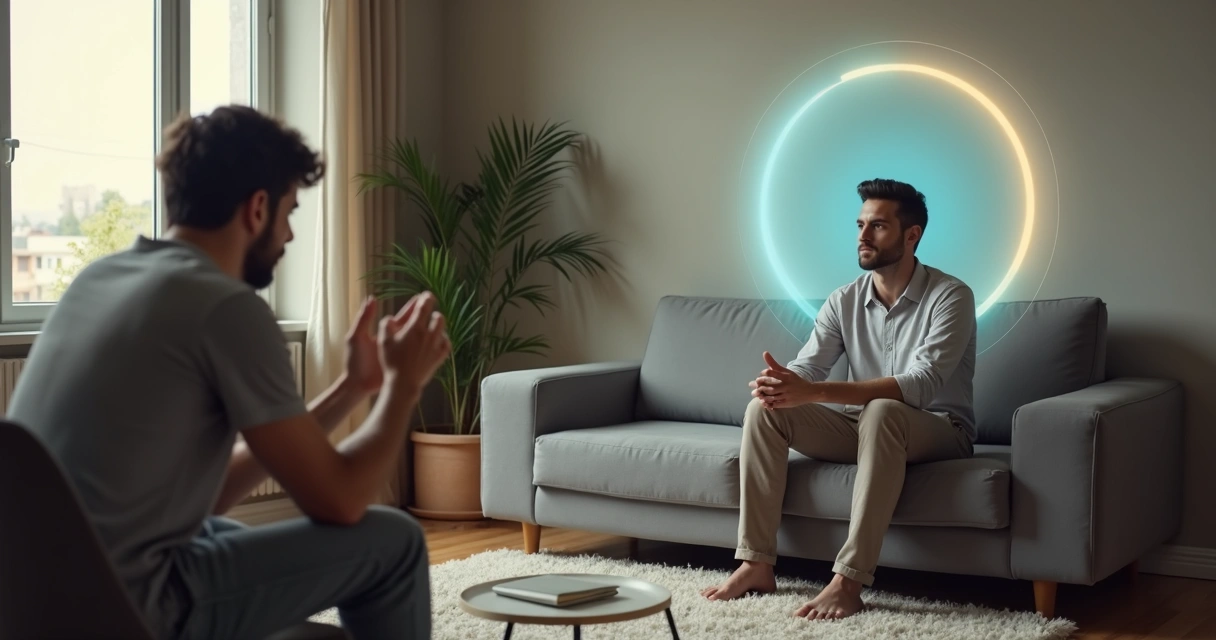 Man sitting on a sofa with a glowing circle showing his emotional boundaries 
