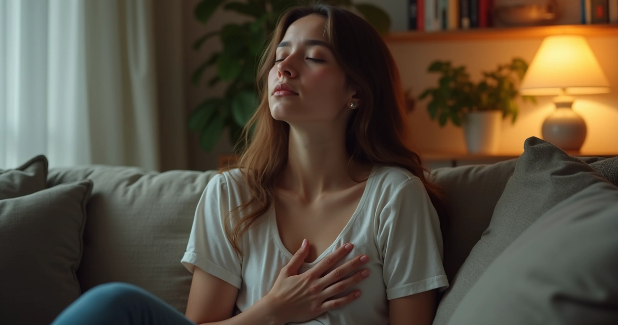 Person reflecting alone, hands on chest, radiating emotional calm in a warm-lit room 