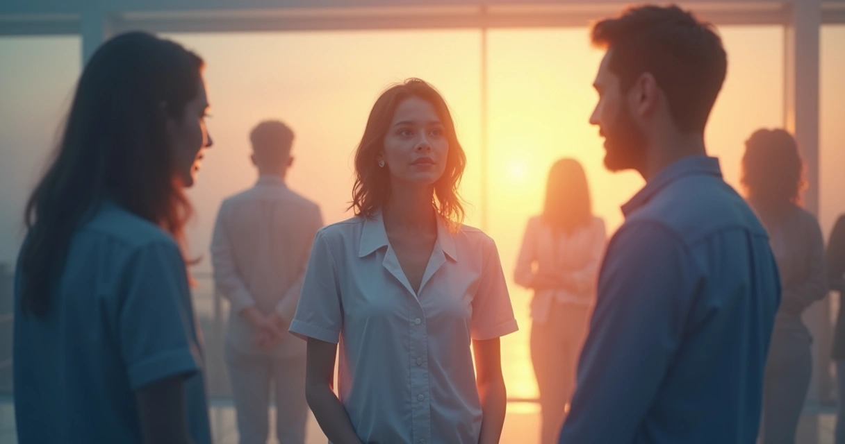 Person drawing an invisible boundary around themselves in a group setting, everyone calm 