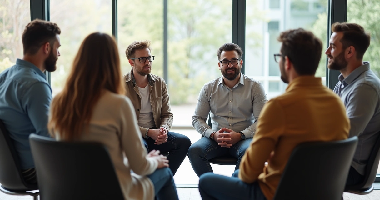 Team sitting in a circle discussing with empathy and openness 