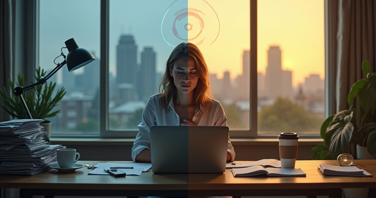 Woman at desk split between burnout and calm self-awareness 