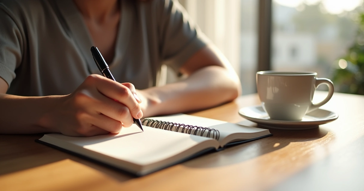 Hands writing in a journal beside a cup of coffee 