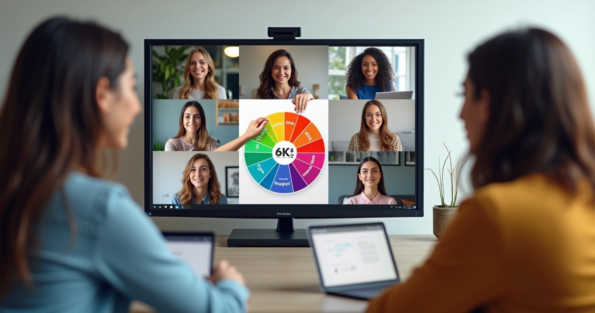 Remote team on a video call using an emotion wheel for a check-in activity