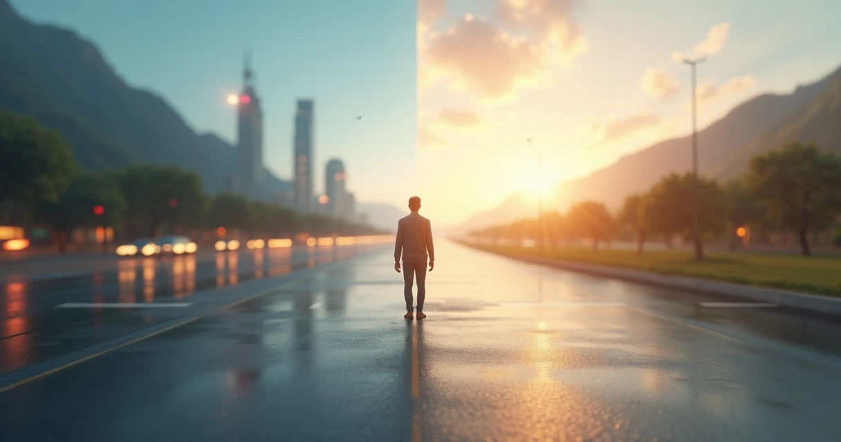 Person standing between a chaotic city side and a calm nature side 