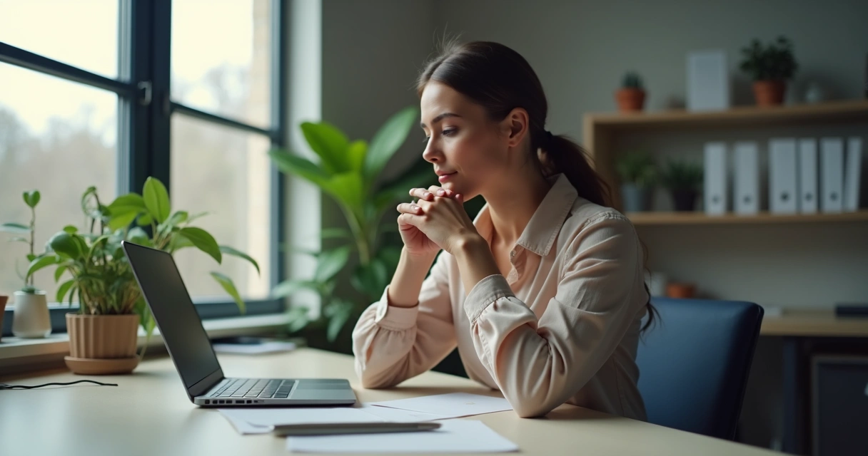 Professional at desk reflecting quietly.