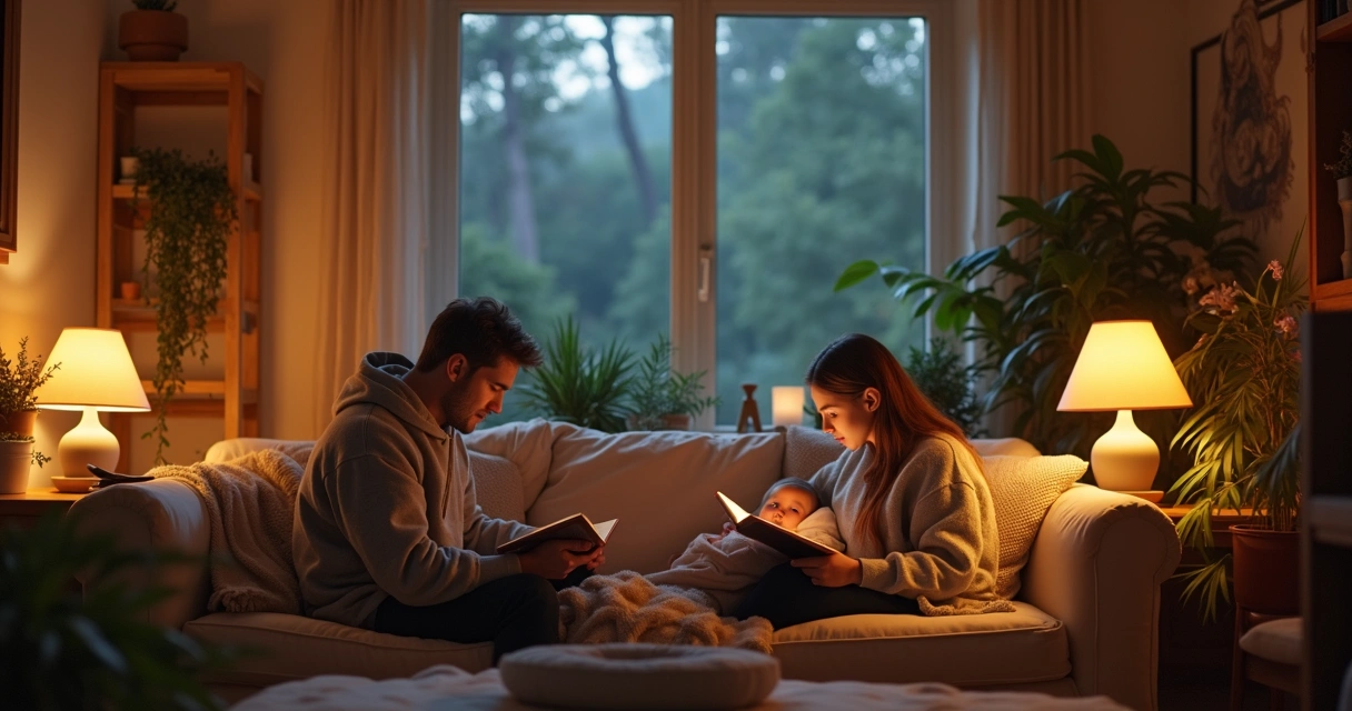 Warm living space with cozy lighting and calm mood 