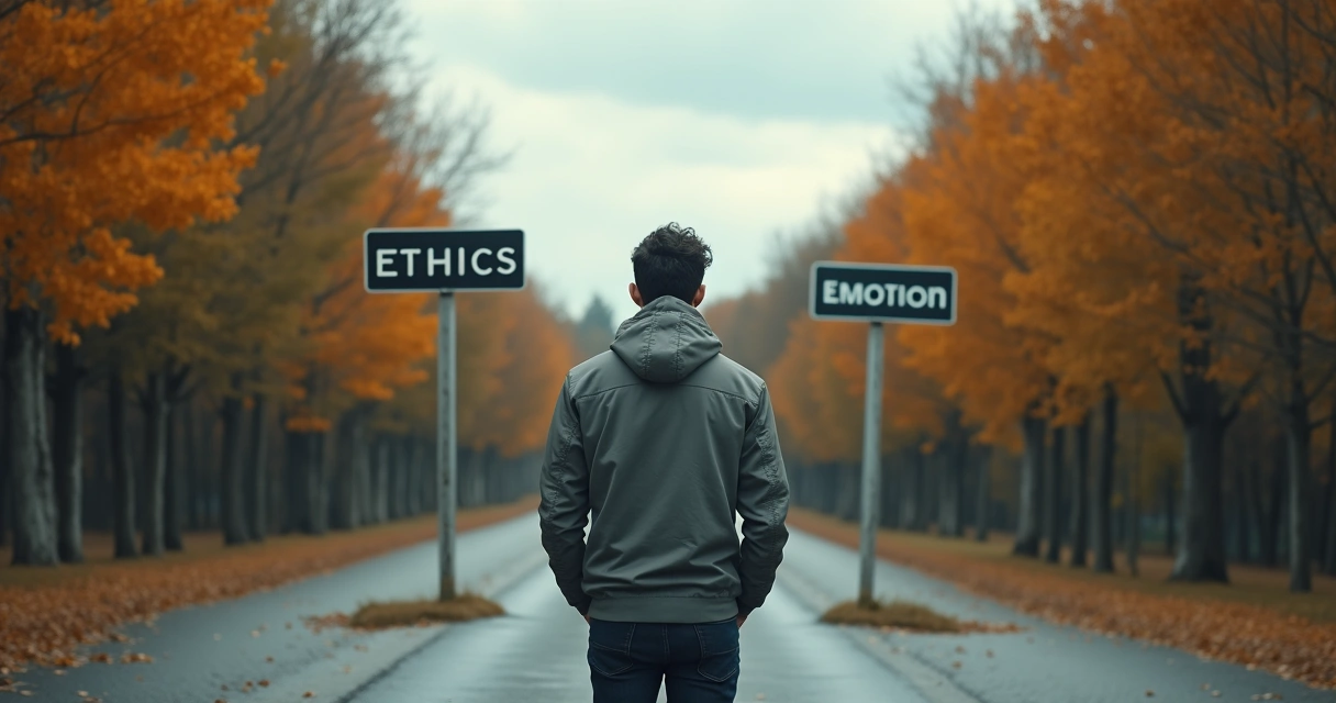 Person at crossroads with signs showing ethics and emotion 