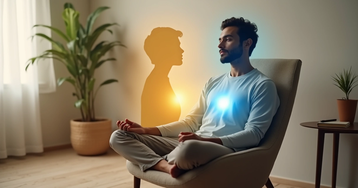 Person sitting calmly with overlapping transparent silhouettes showing aligned emotions and thoughts 