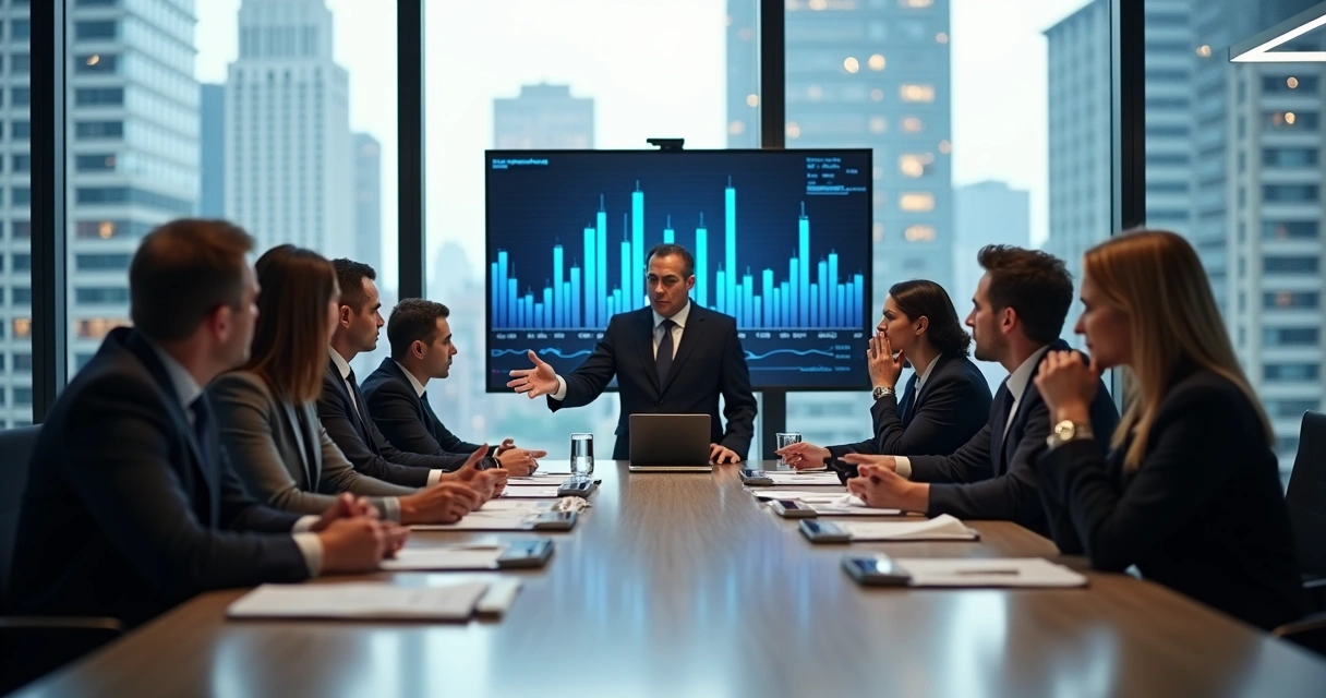 Investment team looking serious around conference table 