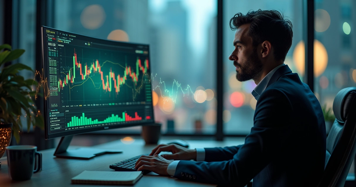 Business person surrounded by overlapping emotional faces and stock charts 