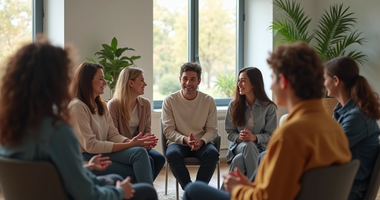 Diverse group sitting in a circle with colored light connecting their emotions 