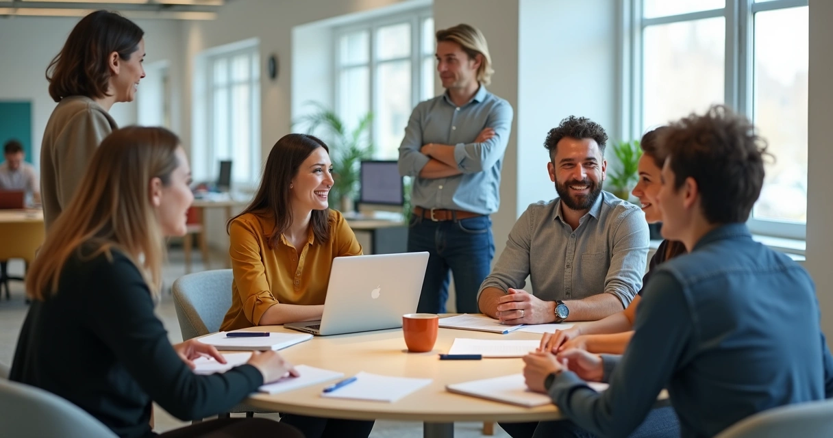 Diverse group in office sharing connected emotional expressions 