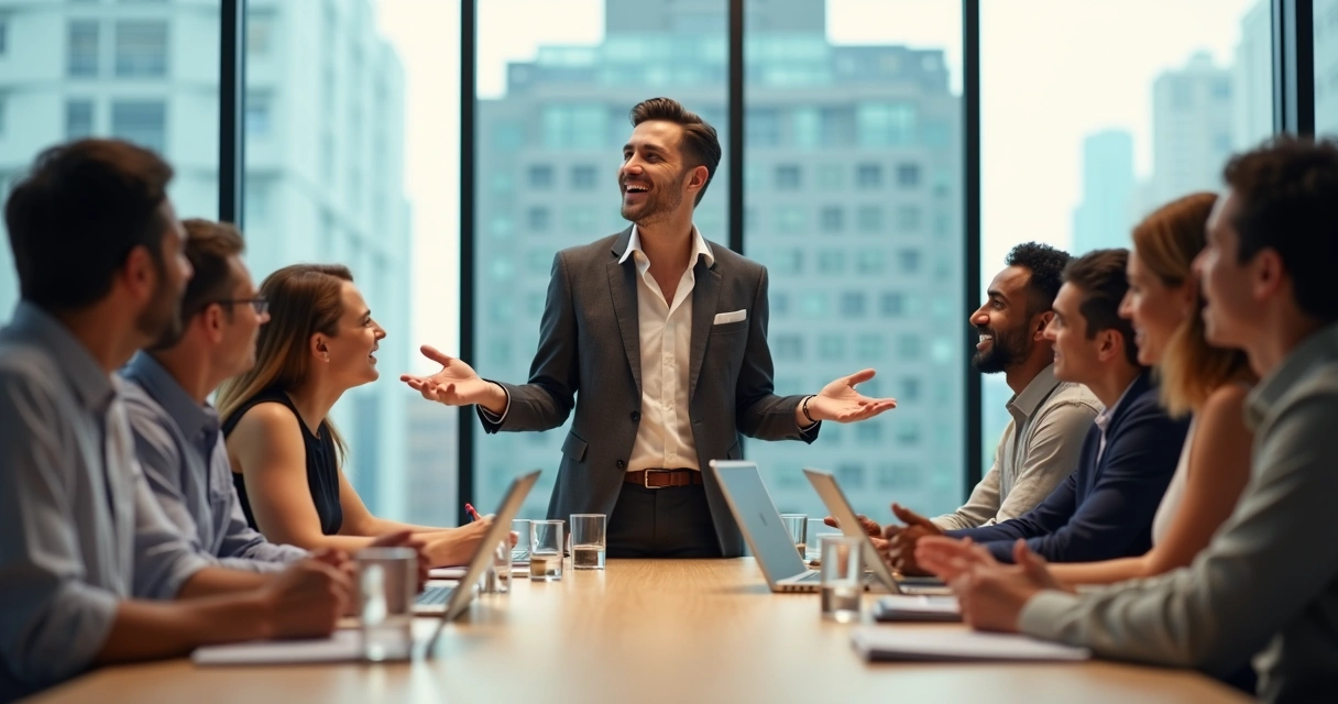 Group of people in a meeting with one person’s emotion visibly influencing the others 