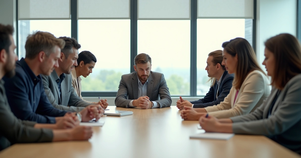 People in a meeting room subtly mirroring each other’s anxious expressions 