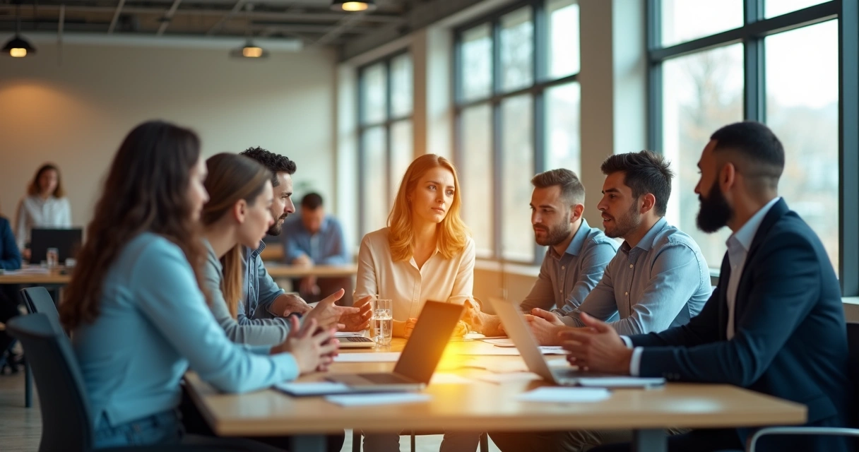 Office team with visible colored emotional auras spreading between coworkers 