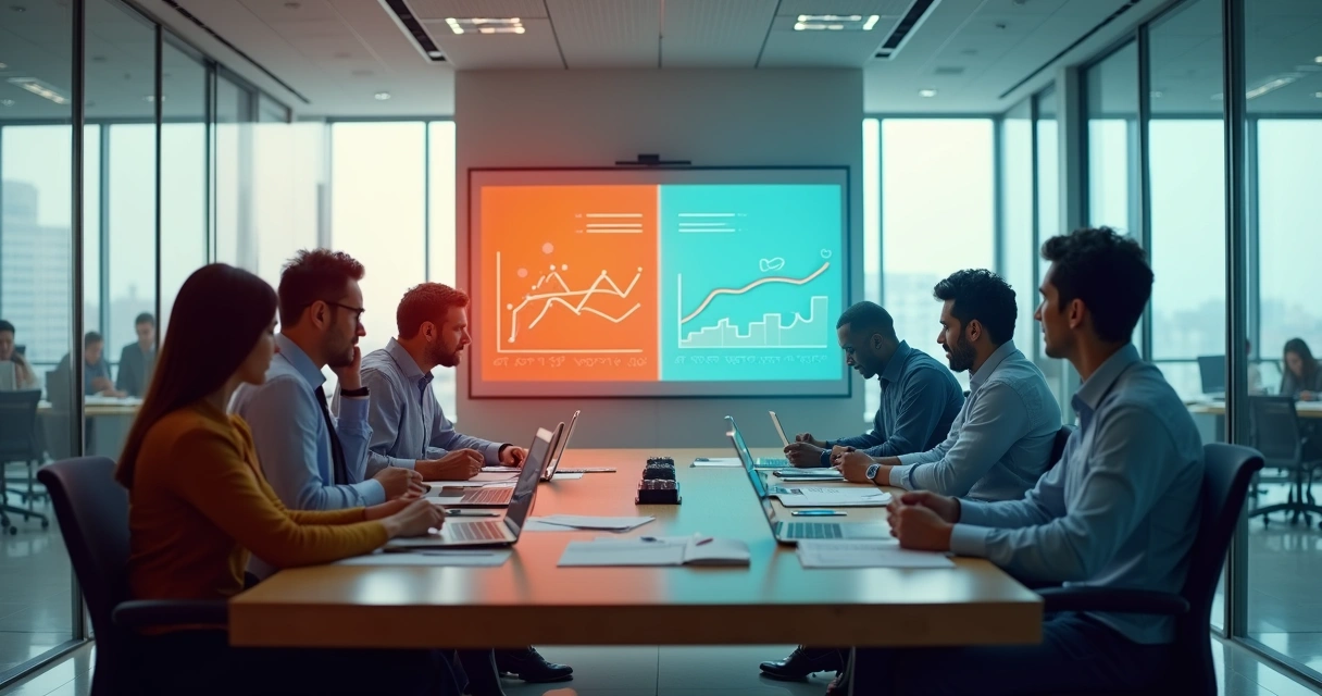 Executives in a glass-walled meeting room with colored emotional auras influencing strategy charts 