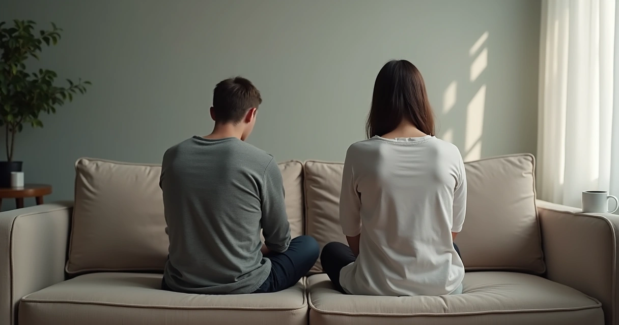 Couple sitting apart on a sofa, both looking away from each other 