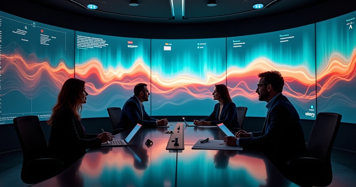 Crisis communication team in dim room surrounded by glowing emotional wave displays 