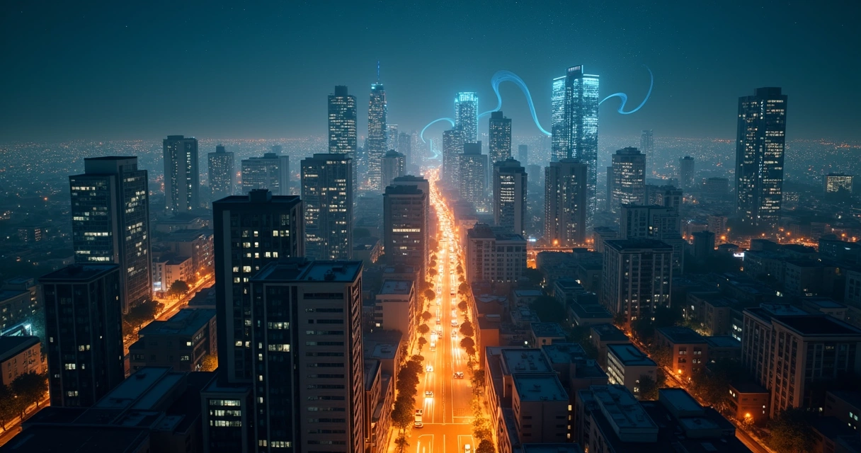 Abstract emotional shapes flowing above a night city skyline 