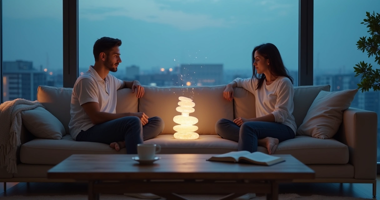 Couple sitting apart on a sofa with a visible weight between them 