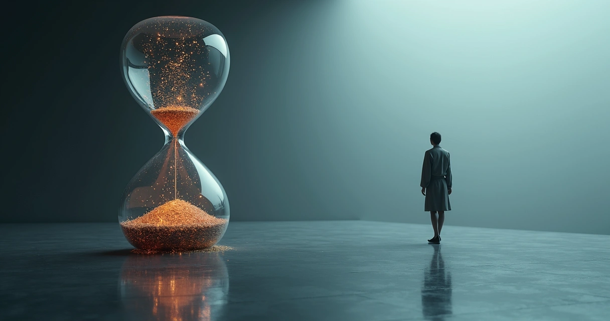Human figure observing glowing emotional symbols trapped in a rotating hourglass 