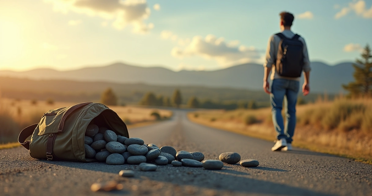 Person dropping a heavy backpack of stones while walking toward a bright open landscape 