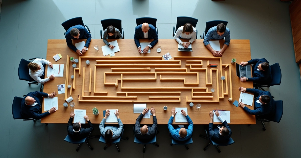 Team seen from above working at a maze-shaped table symbolizing complex group decisions 