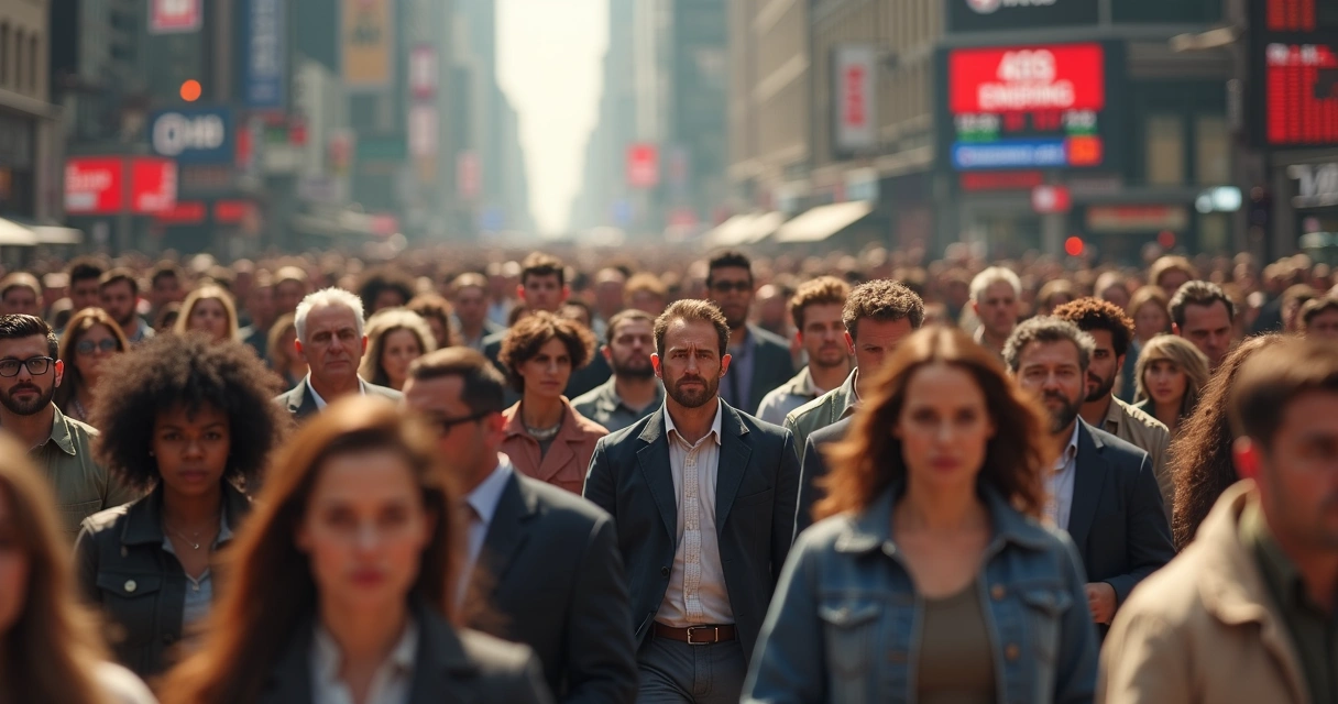 People in a crowded street showing varied emotions, some anxious, some hopeful, with city buildings in background 