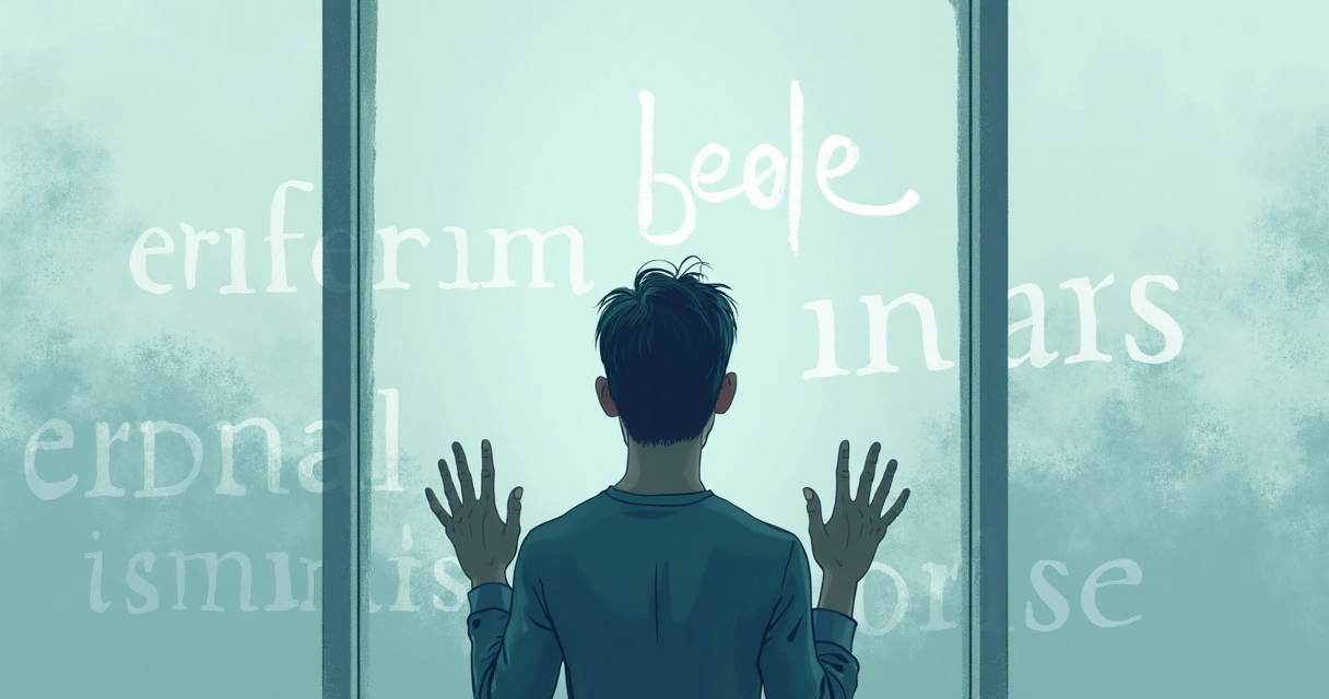 Sketch of a person behind a glass wall with words like blame, perfectionism, and rationalization written on the glass, person looking outward.