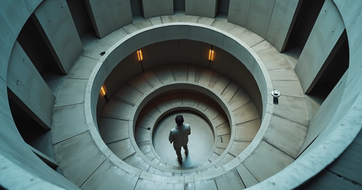 Person on circular stairs inside a labyrinth-like structure of walls 